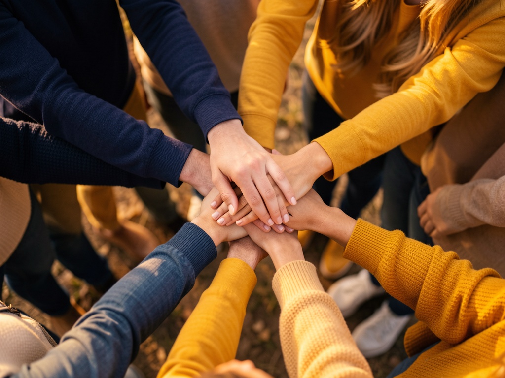 Community members' hands stacked together in a huddle