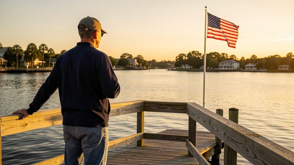 A veteran looking out over Tampa Bay at golden hour, an American flag flying nearby