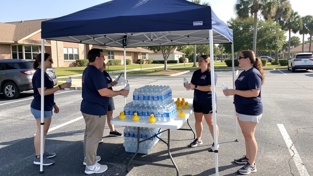 Volunteers at a Project 22 water station handing out bottled water and charity ducks on game day